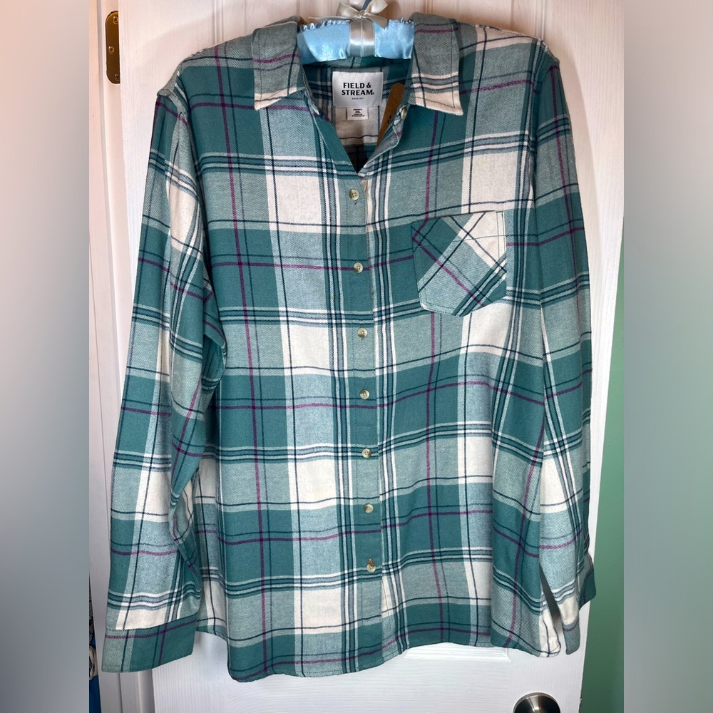🆕 NWT Field & Stream Flannel Button up size 2XL greenish blue plaid